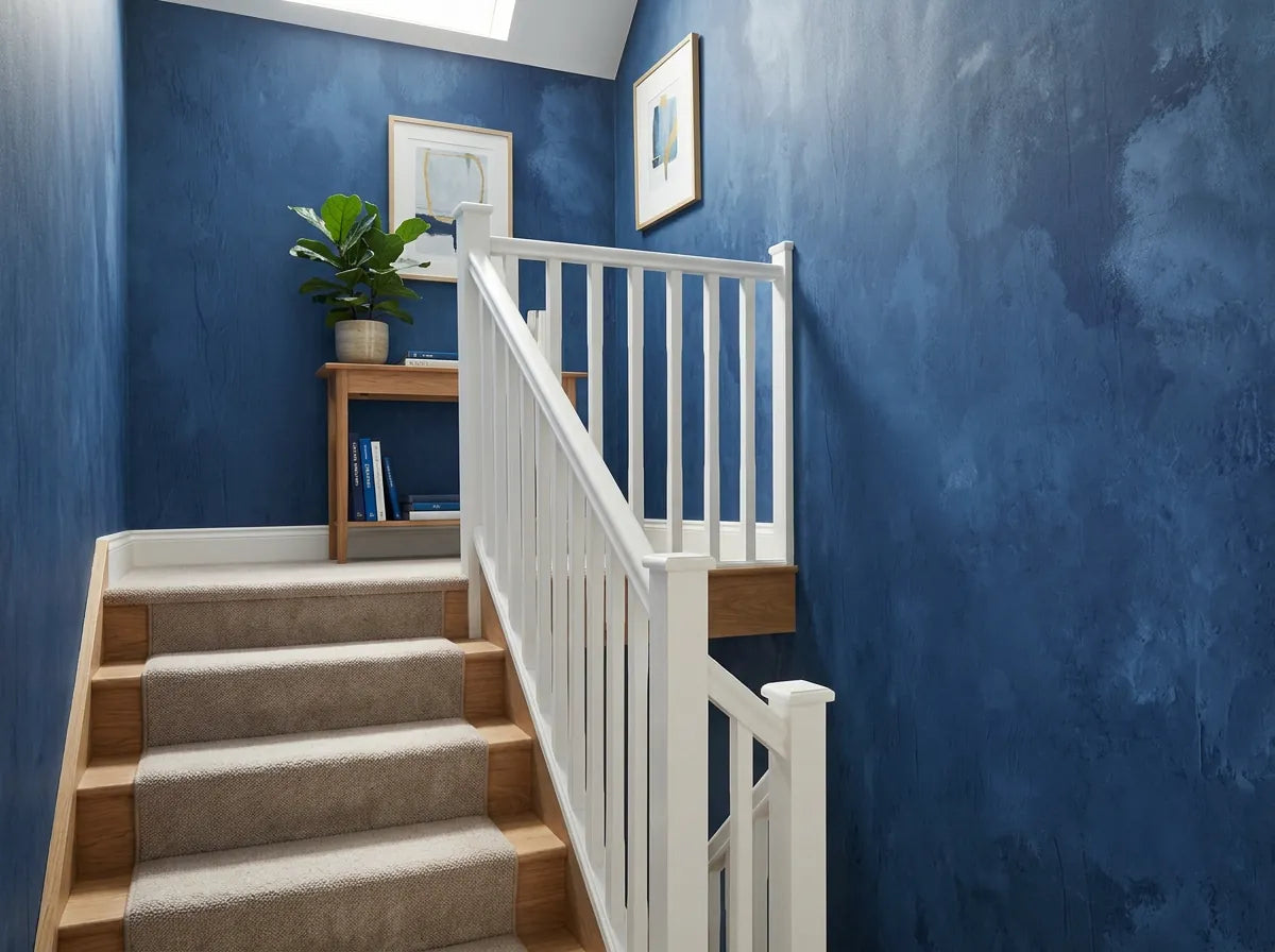 Papier peint couloir bleu indigo posé dans l'escalier d'une maison avec rampe blanche