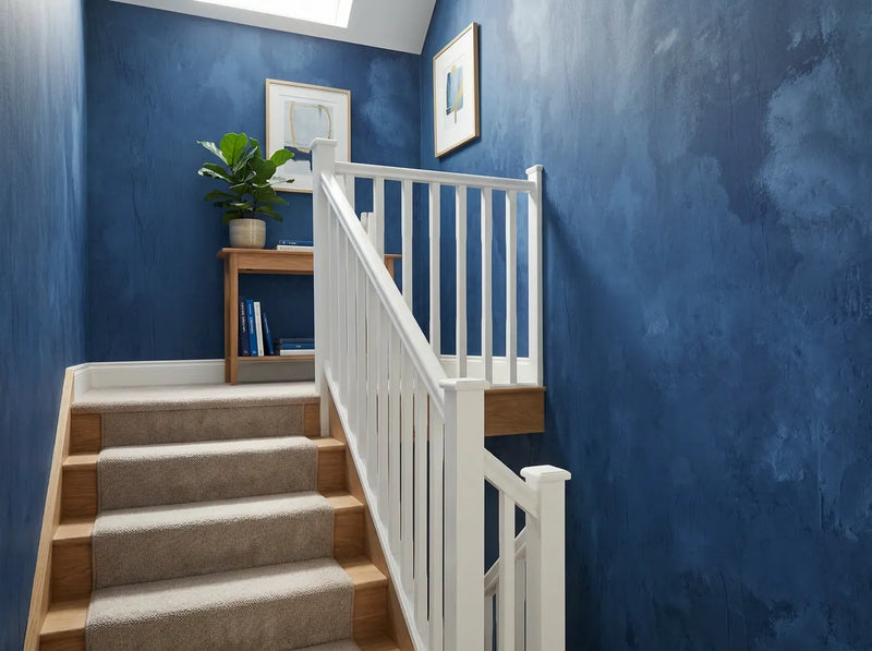 Papier peint couloir bleu indigo posé dans l'escalier d'une maison avec rampe blanche