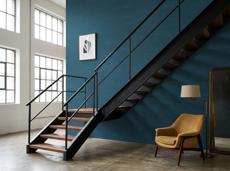 Papier peint couloir bleu canard posé derrière un escalier industriel avec fauteuil moutarde