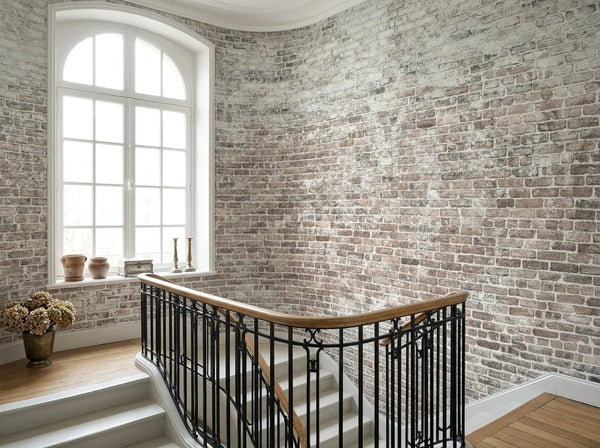Papier peint couloir brique blanchie posé dans une cage d'escalier classique avec rampe en fer forgé