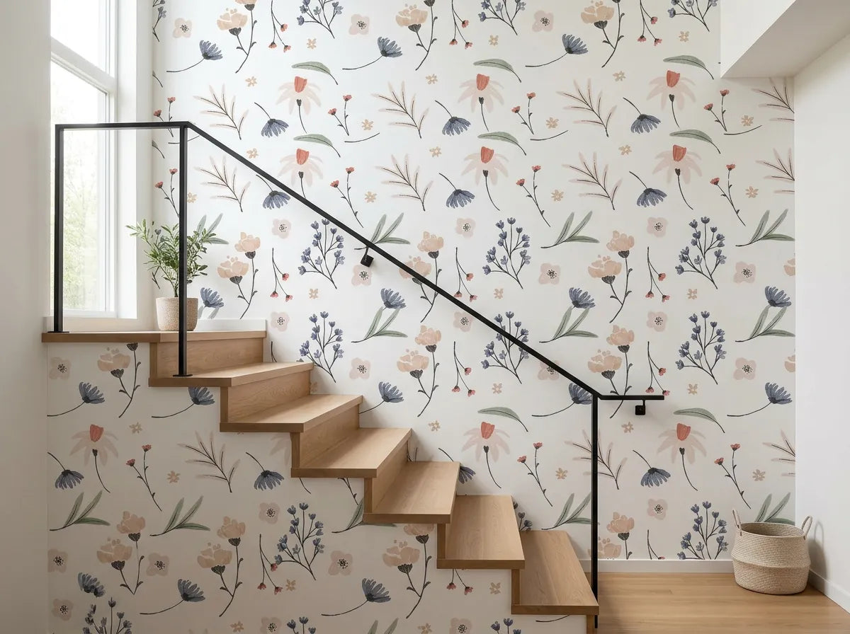 Papier peint couloir fleuri posé le long d'un escalier moderne aux marches en bois clair