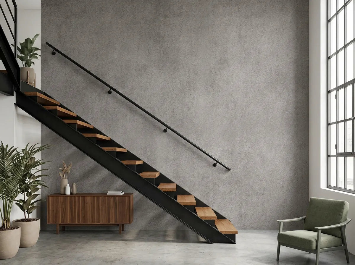 Papier peint couloir gris effet béton posé derrière un escalier industriel en acier noir
