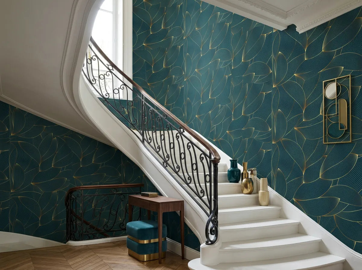 Papier peint couloir moderne bleu canard et or posé dans une cage d'escalier classique en colimaçon