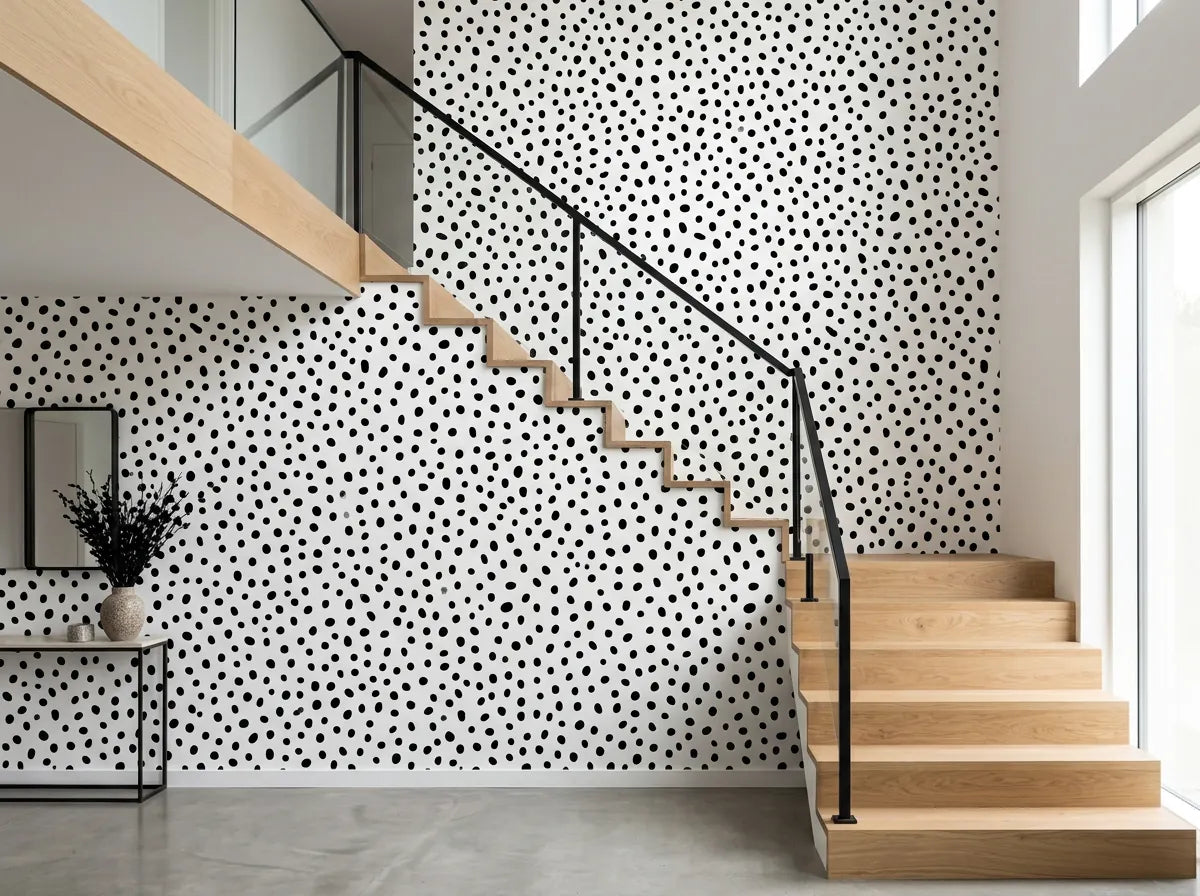 Papier peint couloir noir et blanc à pois posé dans une cage d'escalier moderne aux marches en bois