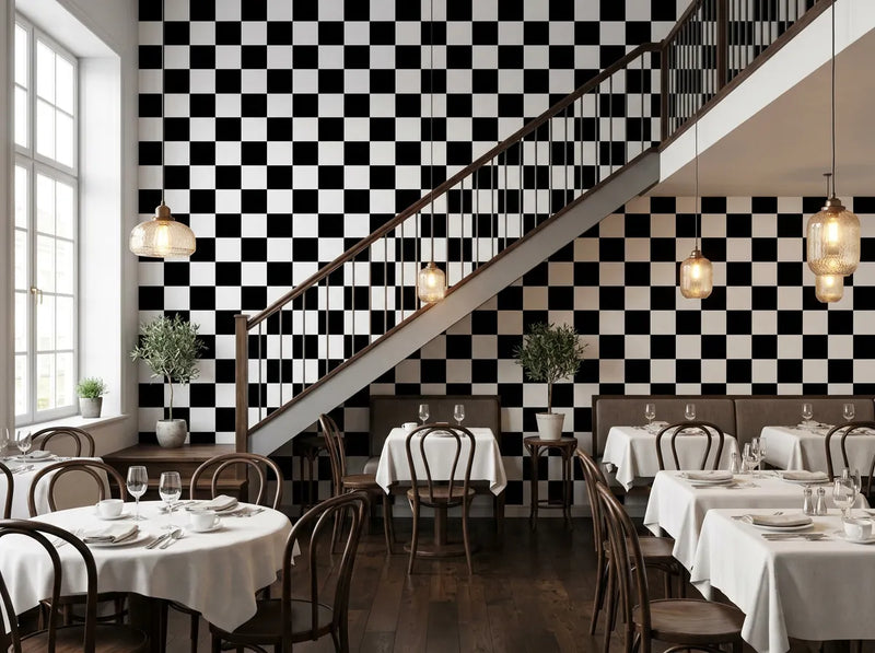 Papier peint damier noir et blanc posé dans un restaurant avec tables nappées de blanc et escalier