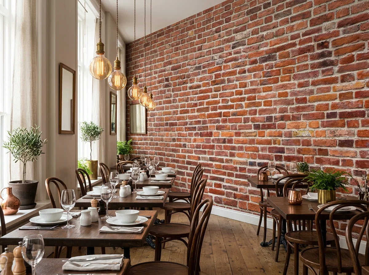 Papier peint effet brique 3D rouge posé dans un restaurant bistro avec tables en bois et suspensions dorées
