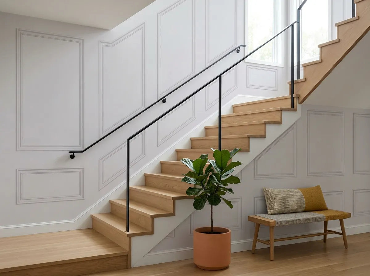 Papier peint effet moulures trompe-l'œil posé dans une cage d'escalier moderne aux marches en chêne