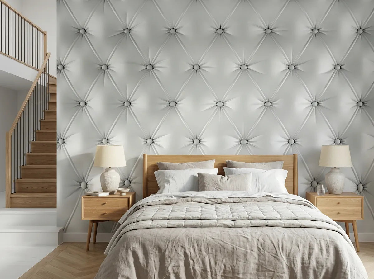 Papier peint effet tête de lit capitonnée grise posé derrière un lit en bois dans une chambre