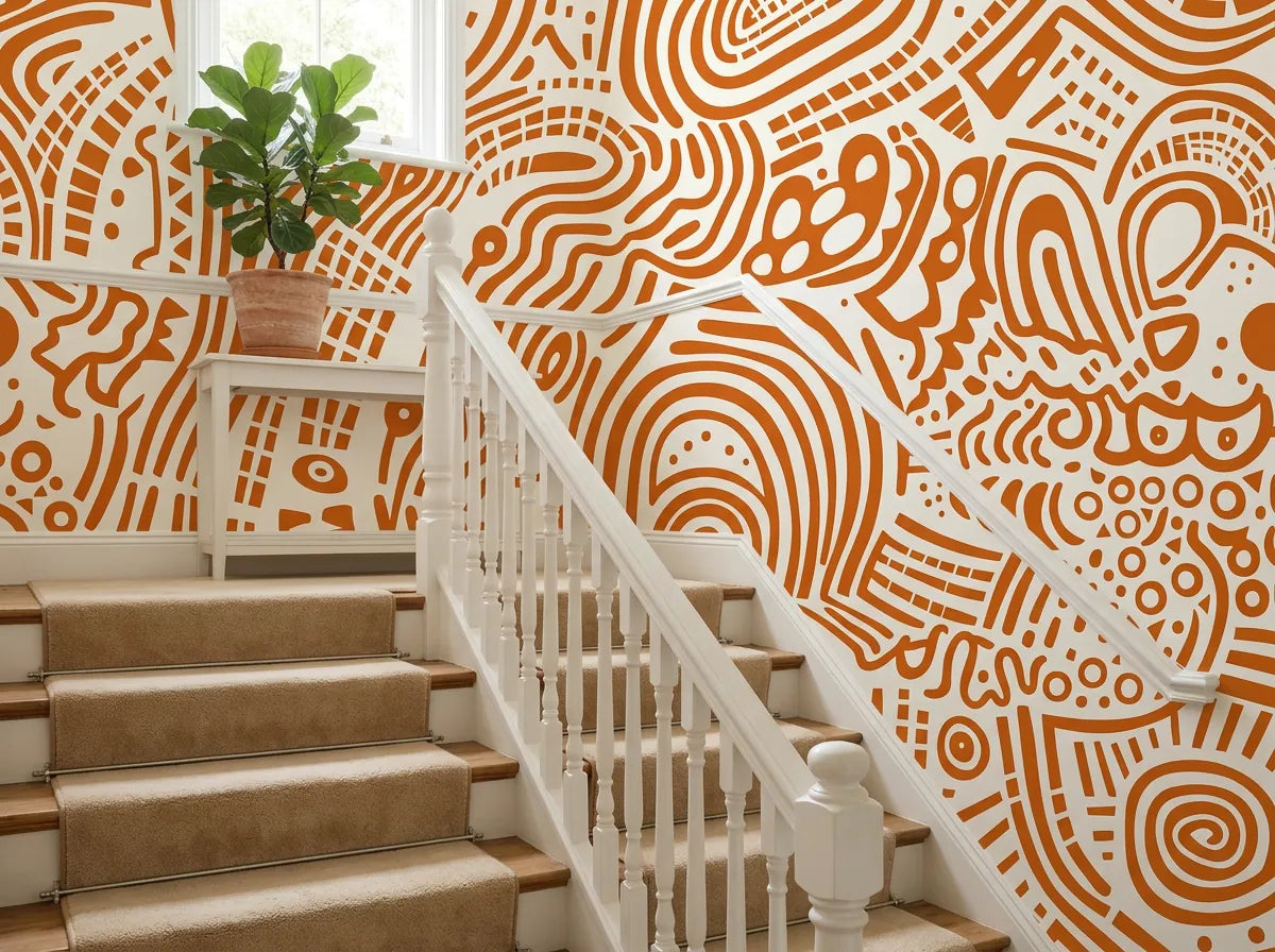 Papier peint ethnique terracotta posé dans l'escalier d'une maison avec tapis d'escalier et rampe blanche
