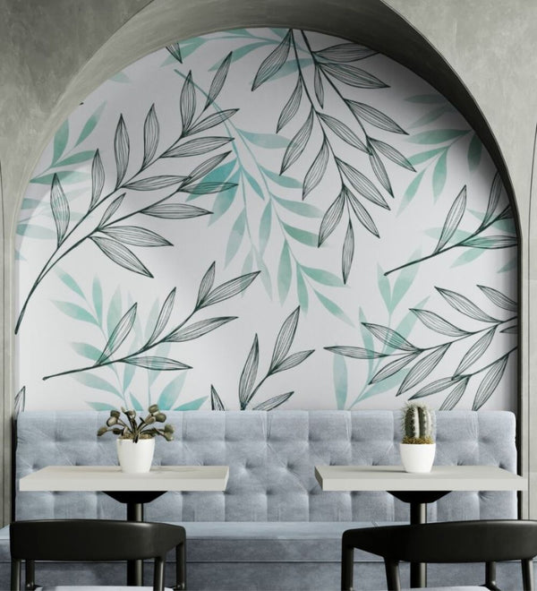 Papier peint Papier peint feuillage vert et blanc délicat de scandinave,