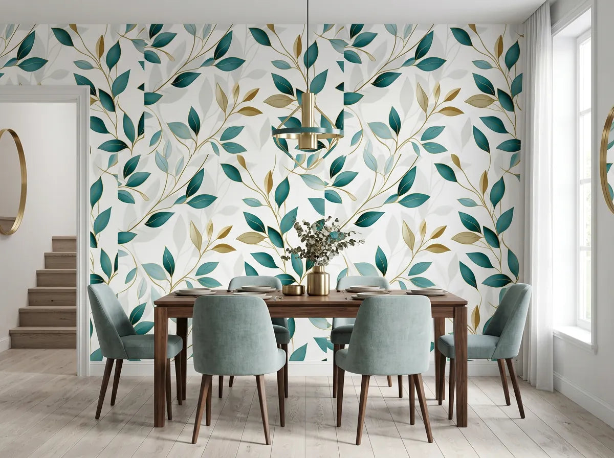 Papier peint feuillage vert et or posé dans une salle à manger avec chaises en velours vert d'eau