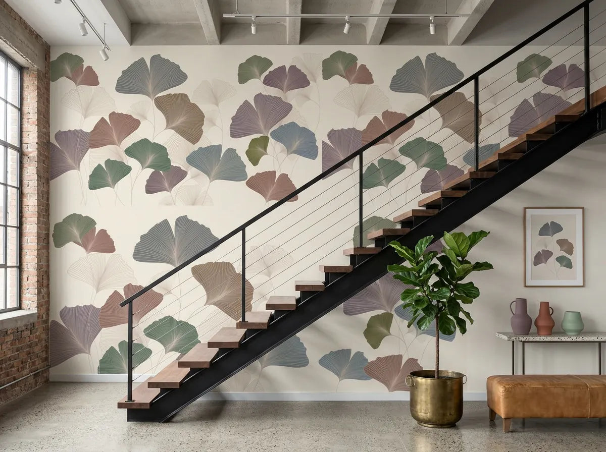 Papier peint feuilles de gingko rétro posé derrière un escalier industriel en acier noir
