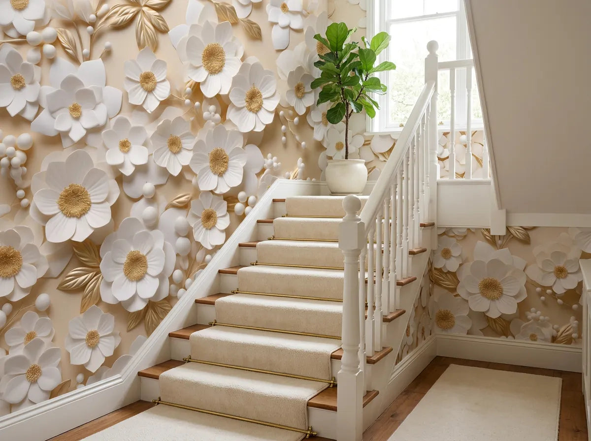 Papier peint fleurs 3D blanches et dorées posé dans l'escalier d'une maison avec rampe blanche