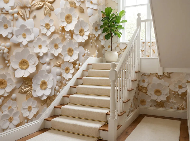 Papier peint fleurs 3D blanches et dorées posé dans l'escalier d'une maison avec rampe blanche