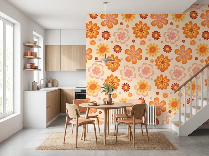 Papier peint fleurs des années 70 posé dans une cuisine avec table ronde et chaises orange