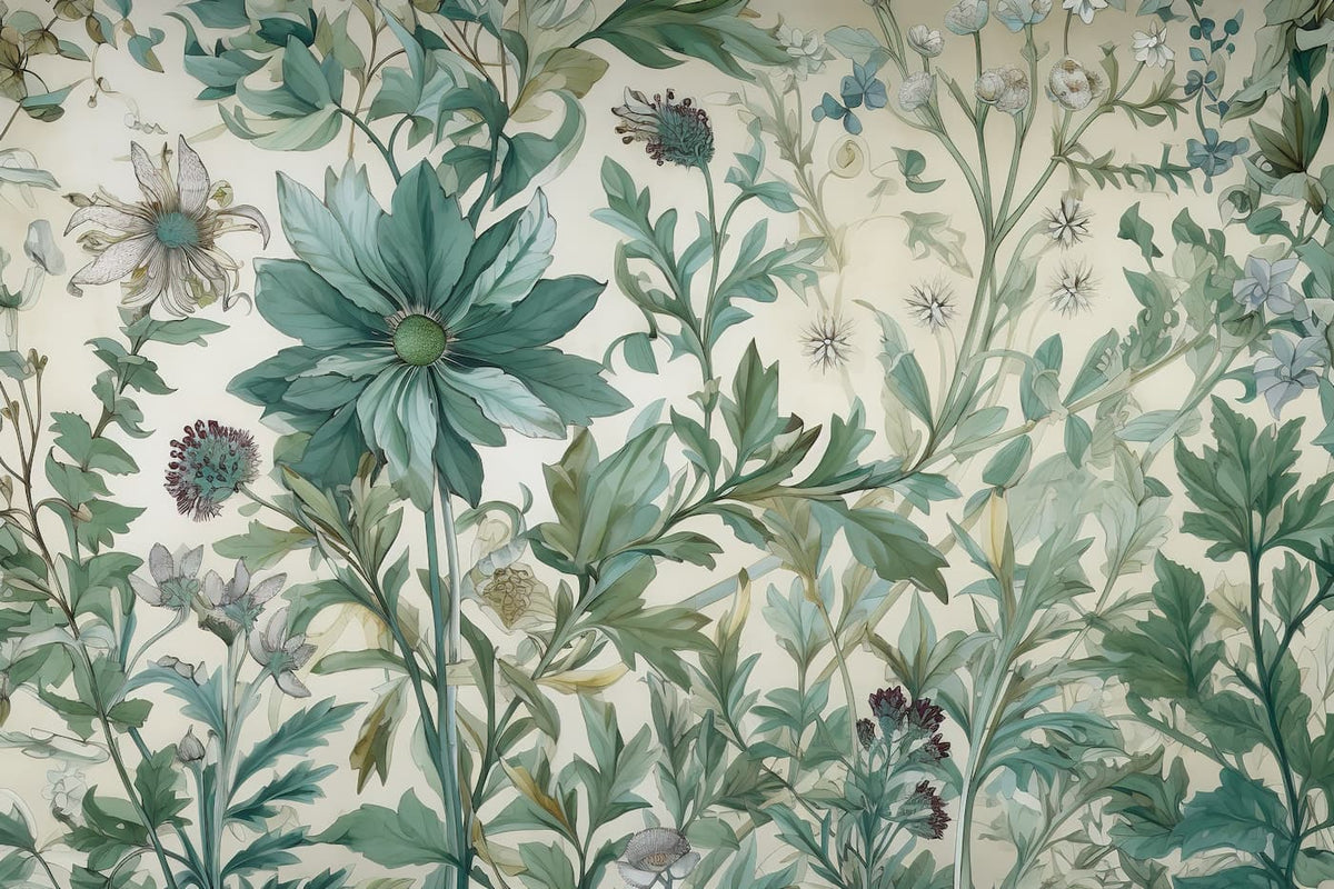 Papier peint fleurs bleues et feuilles vertes