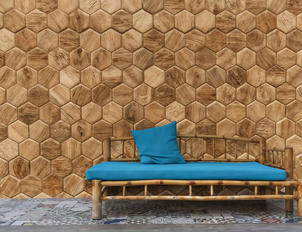 Papier peint Papier peint hexagones bois géométrique en scandinave