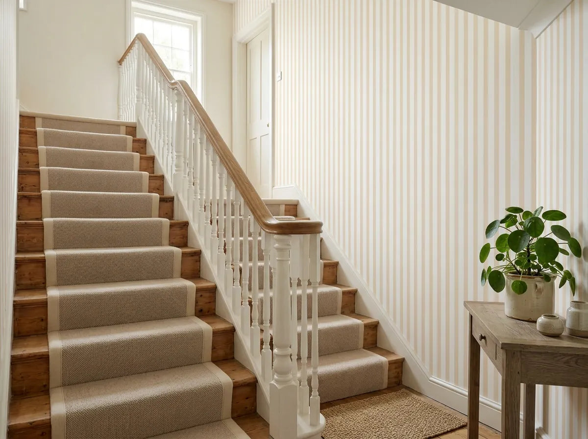 Papier peint beige jaune rayures posé dans l'escalier d'une maison avec tapis d'escalier et rampe blanche