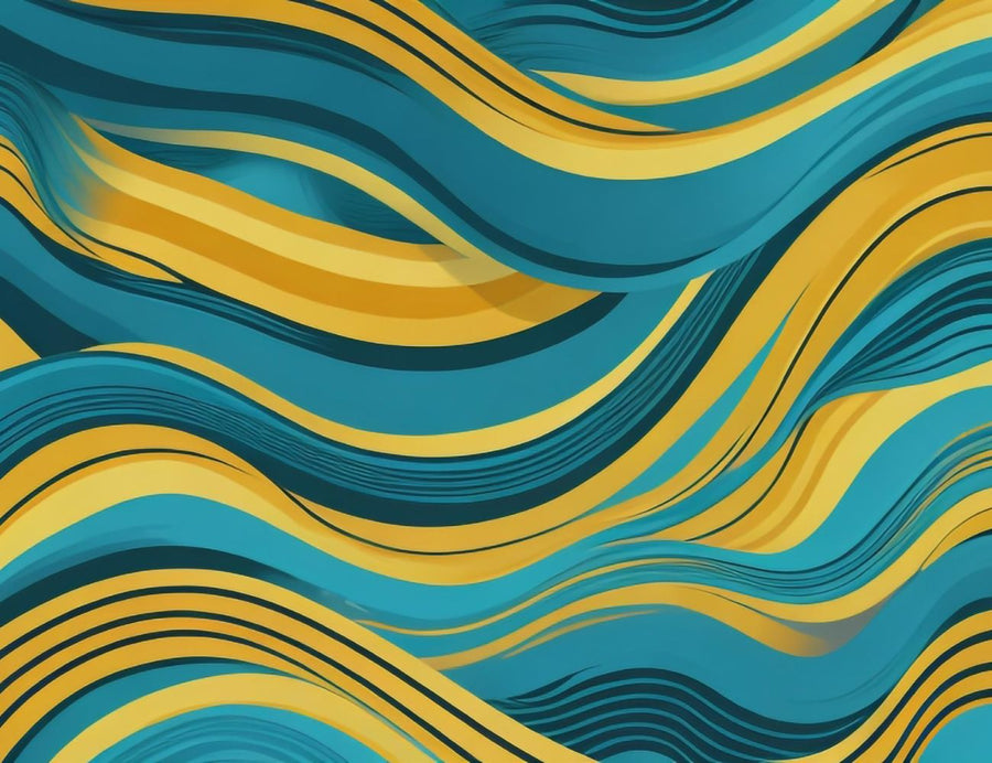 Papier peint jaune moutarde et bleu canard : vagues ondulantes bleu pétrole et jaune moutarde