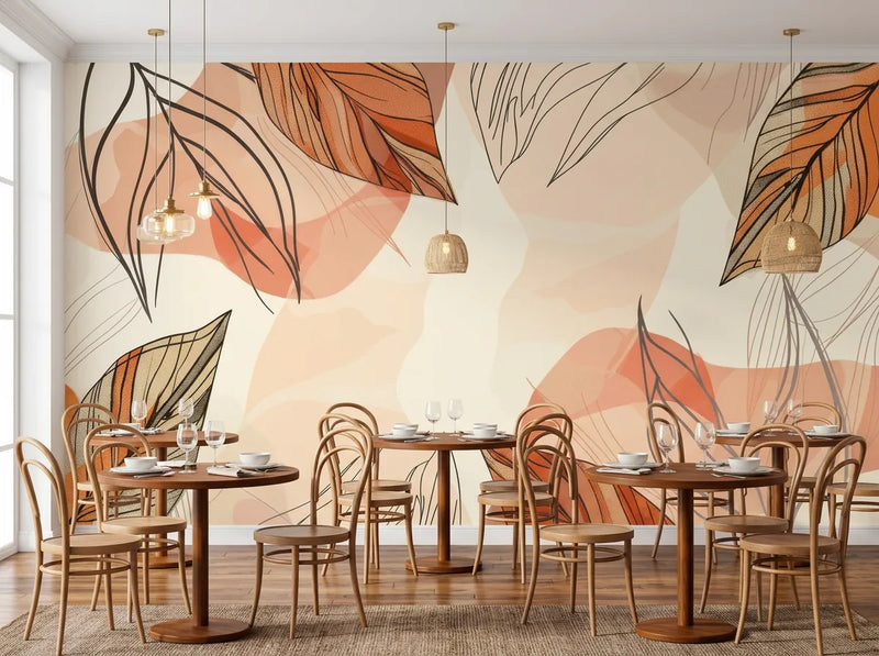 Papier peint jungle terracotta posé dans un restaurant avec tables rondes et chaises en bois courbé