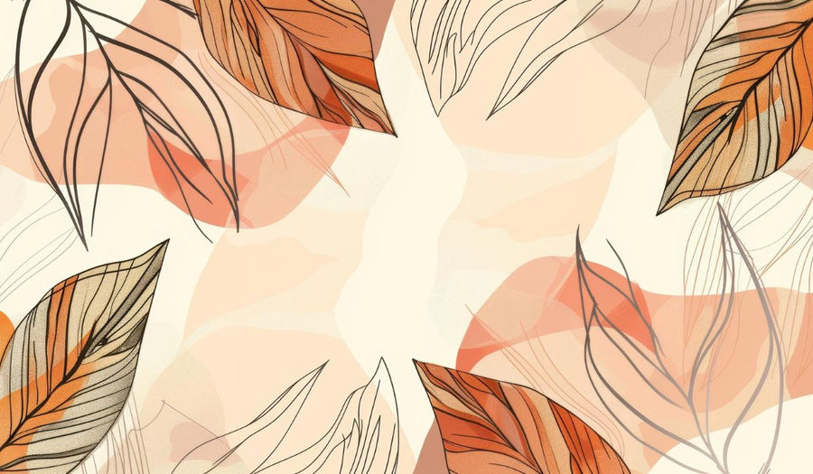 Papier peint jungle terracotta : grandes feuilles orangées et pêche au trait sur fond blanc