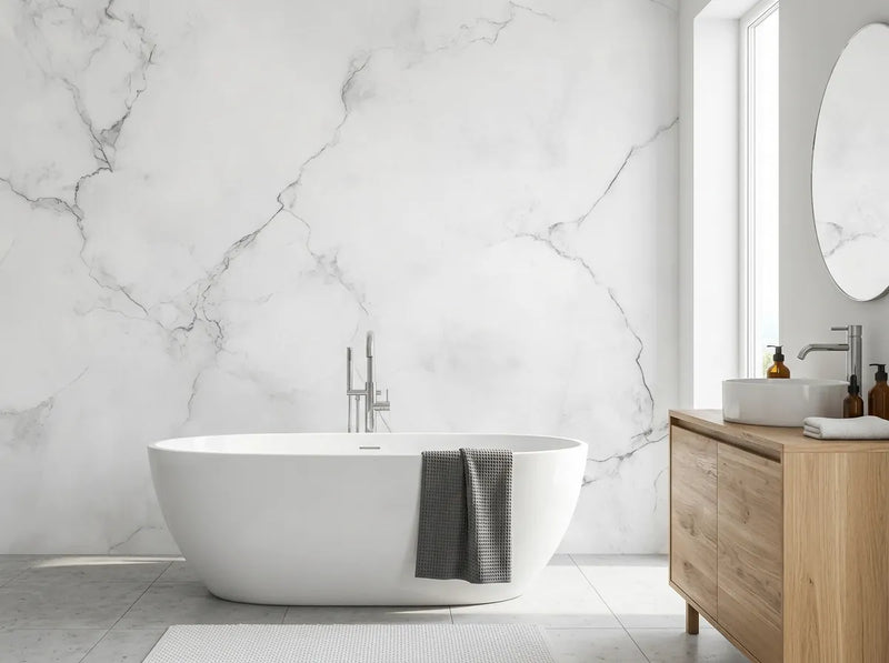 Papier peint marbre salle de bain posé derrière une baignoire îlot blanche avec meuble vasque en bois