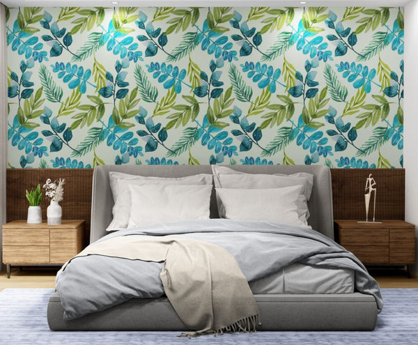 Papier peint Papier peint feuillage bleu vert floral aquarelle évoque