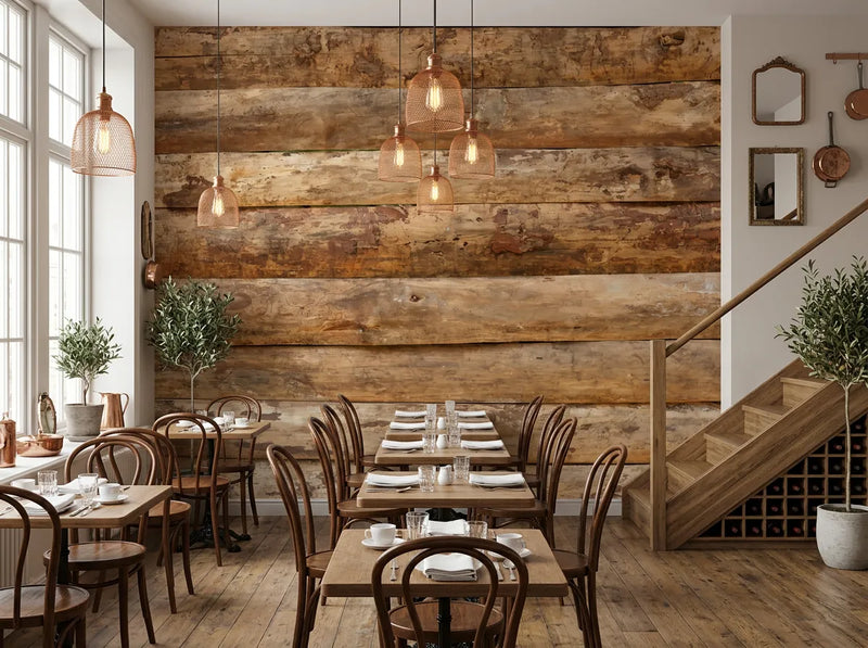 Papier peint mur de rondins de bois posé dans un restaurant chaleureux avec tables et chaises en bois