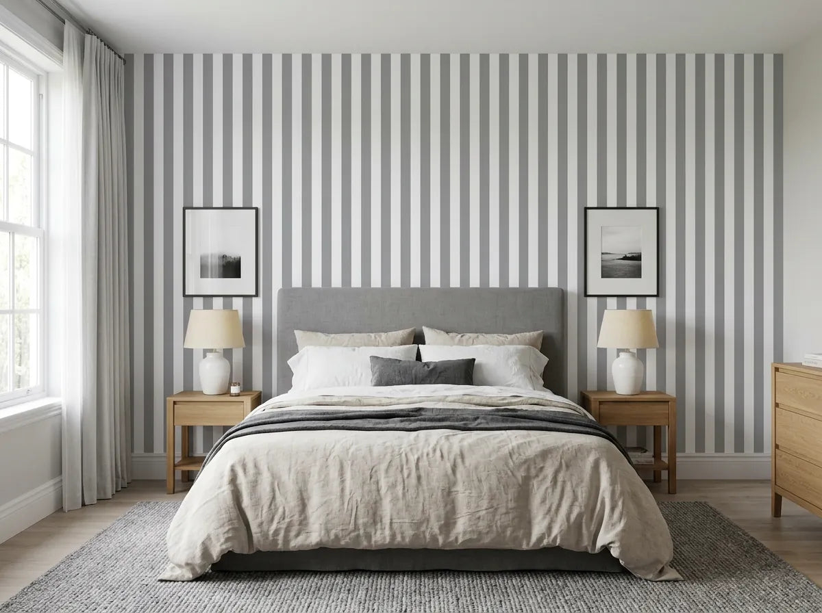 Papier peint rayure blanc et gris posé derrière un lit à tête de lit grise dans une chambre lumineuse