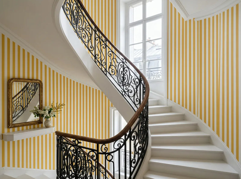 Papier peint rayure jaune posé dans une cage d'escalier classique en colimaçon avec rampe en fer forgé