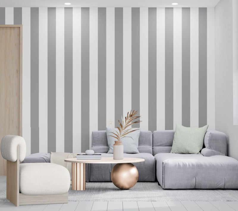 Papier peint rayure blanc et gris salon mur