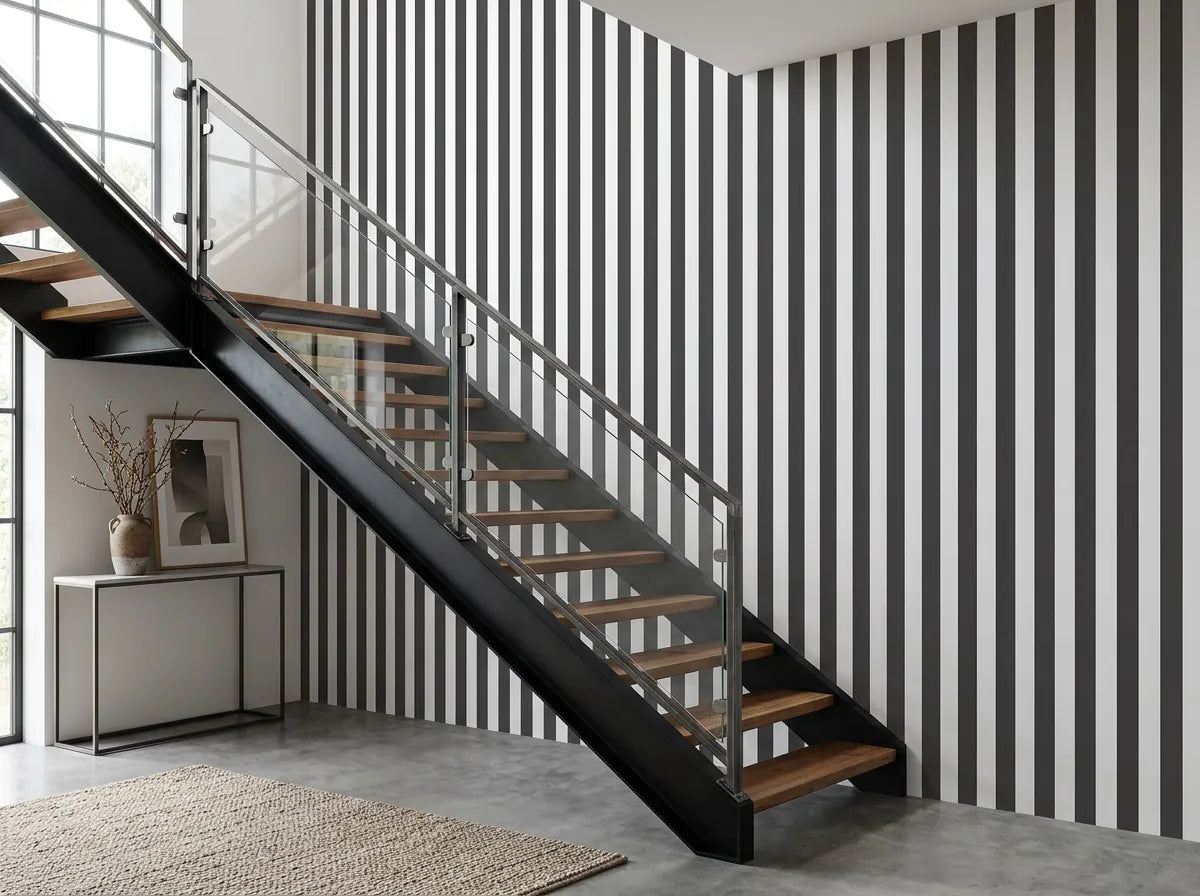 Papier peint rayures larges posé dans une cage d'escalier industrielle à structure en acier noir