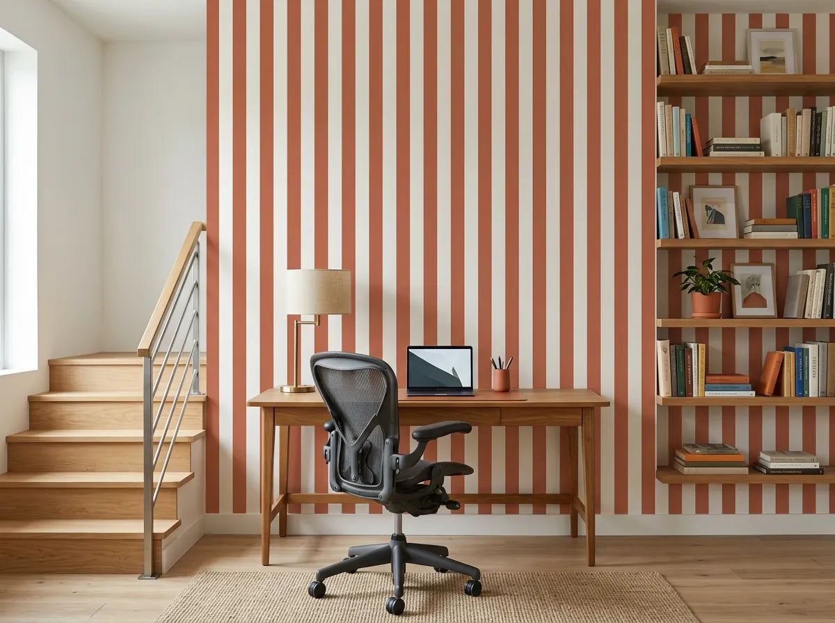 Papier peint rayures orange posé dans un bureau avec table en bois, fauteuil noir et bibliothèque