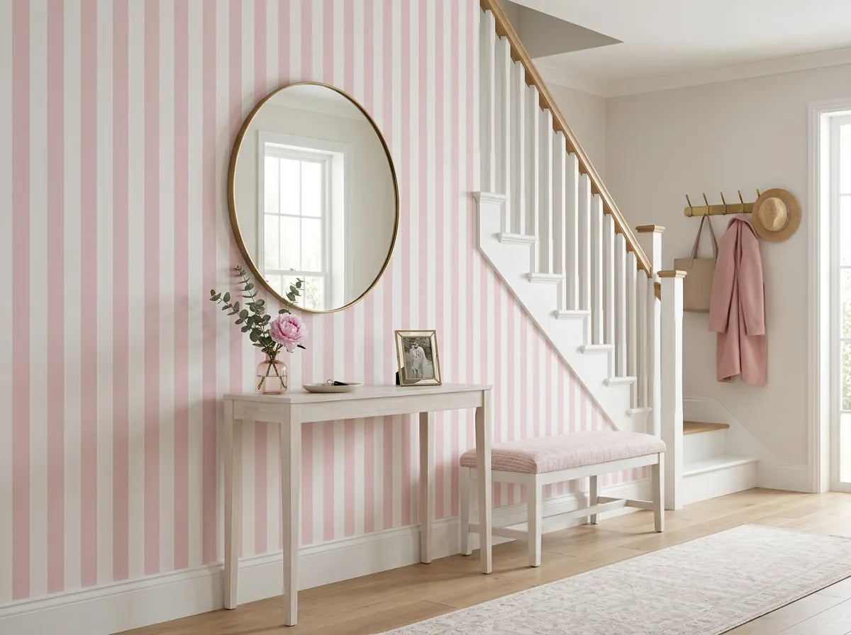 Papier peint rayures roses posé dans une entrée avec console en bois, miroir rond et escalier blanc