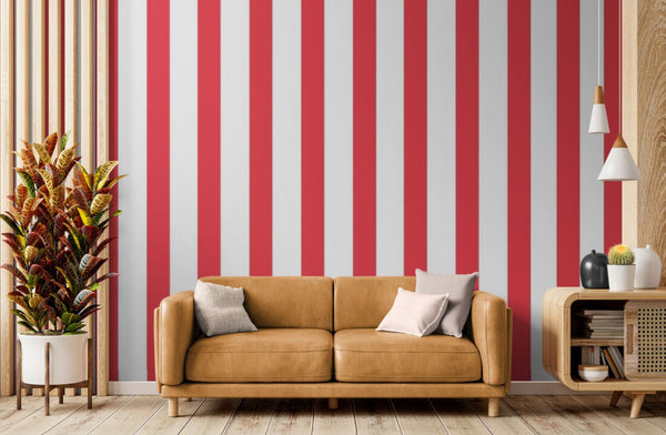 Papier peint rayure rouge mur salon