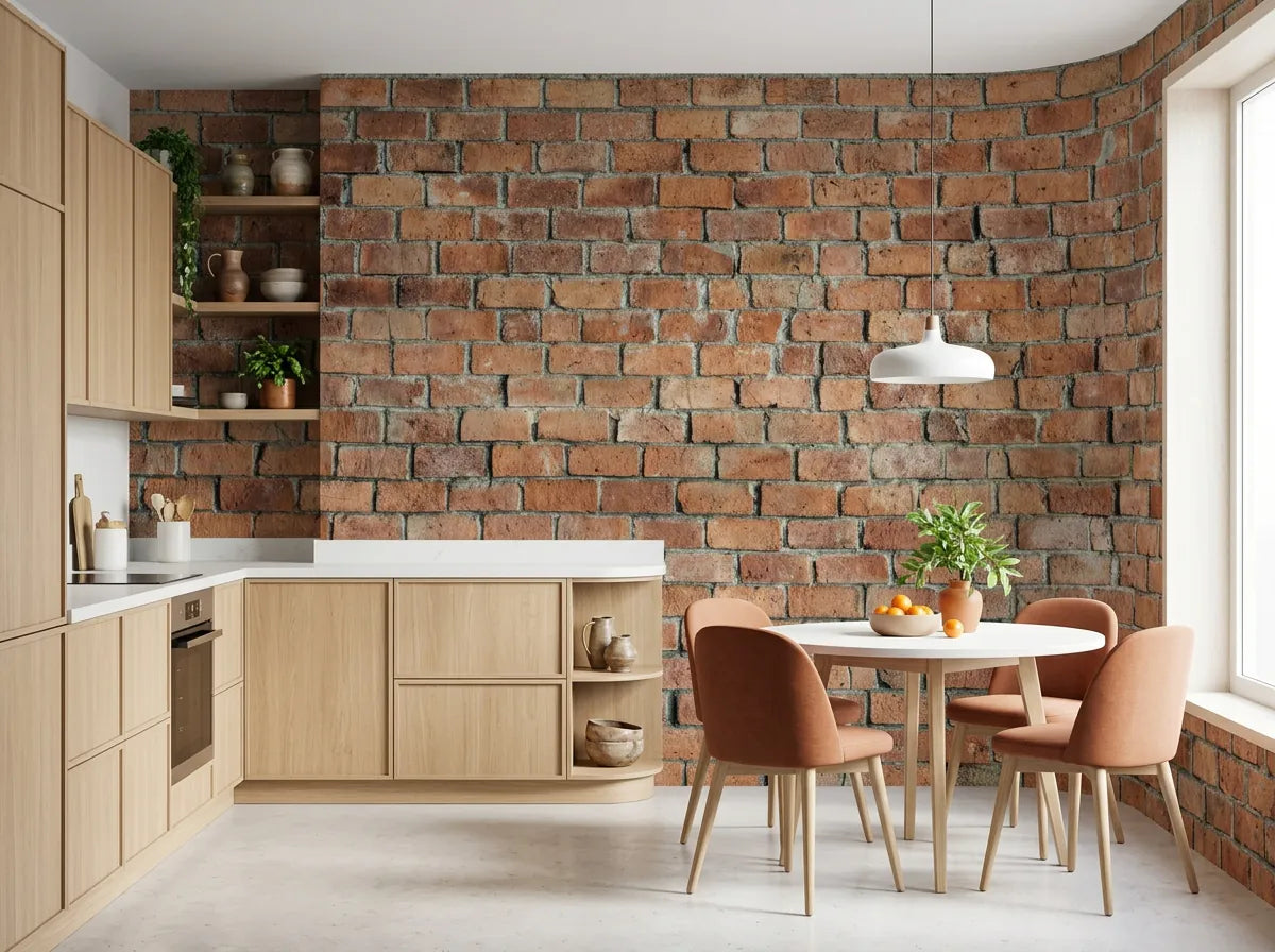 Papier peint relief brique posé dans une cuisine avec meubles en bois clair et table ronde