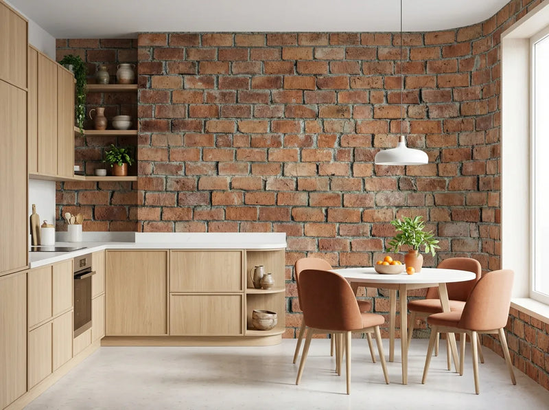 Papier peint relief brique posé dans une cuisine avec meubles en bois clair et table ronde