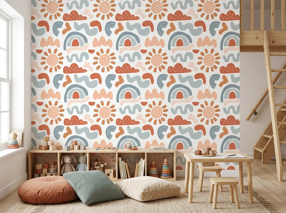 Papier peint terracotta enfant posé dans une salle de jeux avec étagère à jouets et coussins de sol