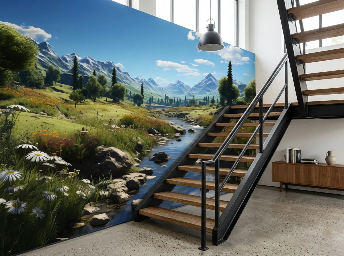 Papier peint trompe-l'œil couloir paysage de rivière posé derrière un escalier industriel