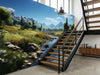 Papier peint trompe-l'œil couloir paysage de rivière posé derrière un escalier industriel