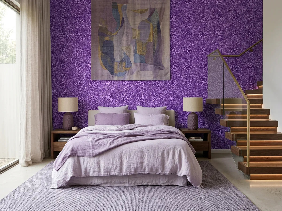 Papier peint violet pailleté posé derrière un lit au linge lilas dans une chambre avec escalier