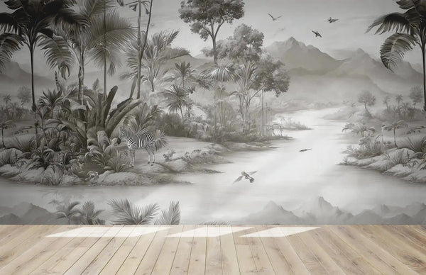 papier panoramique jungle noir et blanc