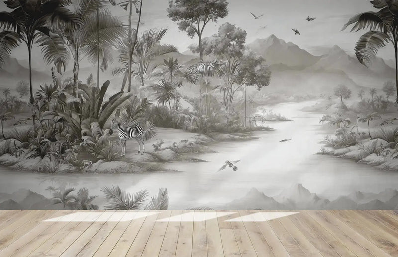 papier panoramique jungle noir et blanc