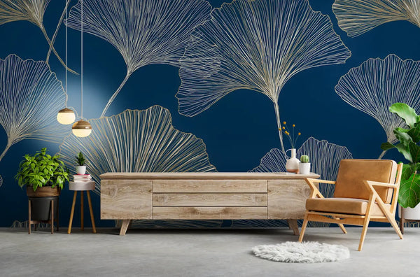 papier peint ginkgo bleu