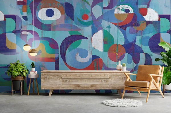 Papier peint abstrait visage bleu