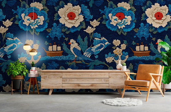 Papier Peints Fond Bleu Motif Japonais​ salon