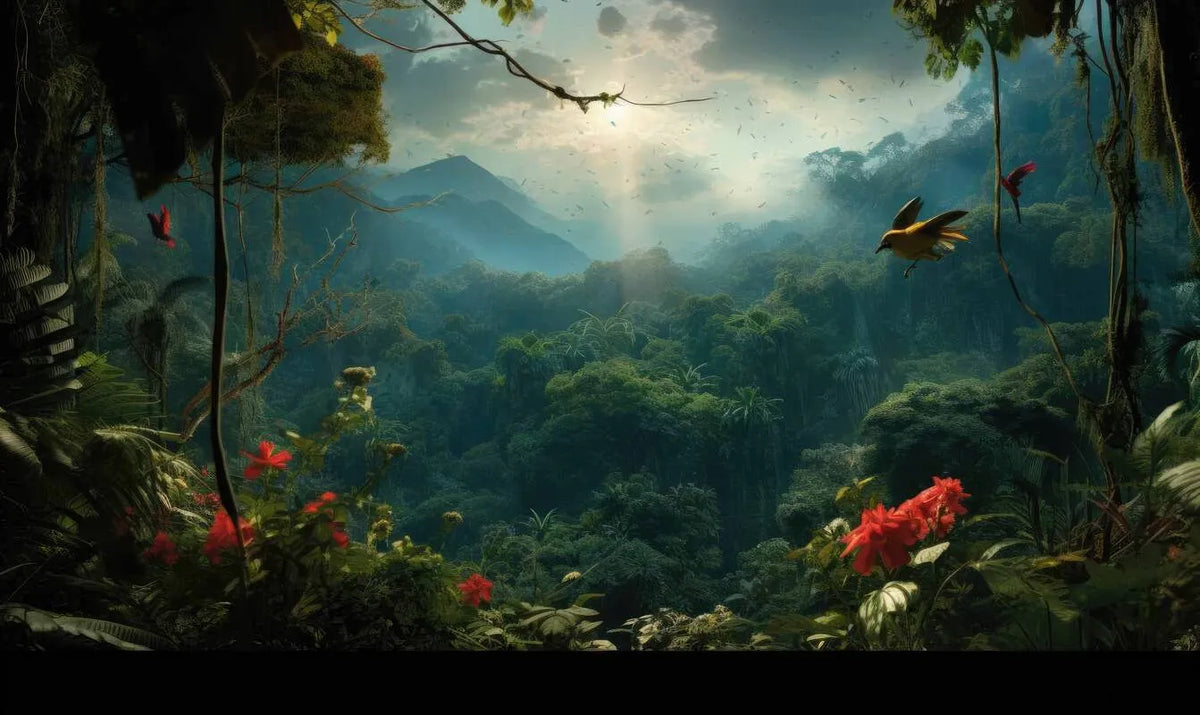 Papier peint panoramique montagne à travers la jungle tropicale