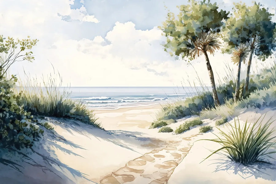 Papier peint promenade bord de plage : sentier de sable entre des dunes et des palmiers face à la mer