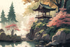 Papier peint japonais étang et temple dans la forêt