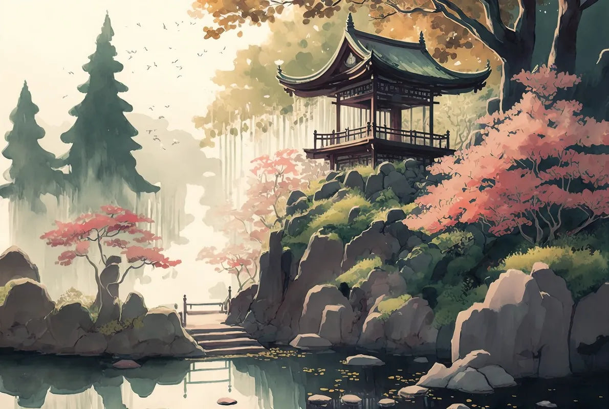Papier peint japonais étang et temple dans la forêt